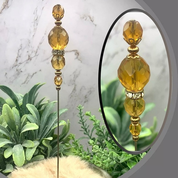 Gold Yellow Amber Color Crystal Rhinestone Beaded 8” Pin • Hatpin • 4/27 - Picture 1 of 11